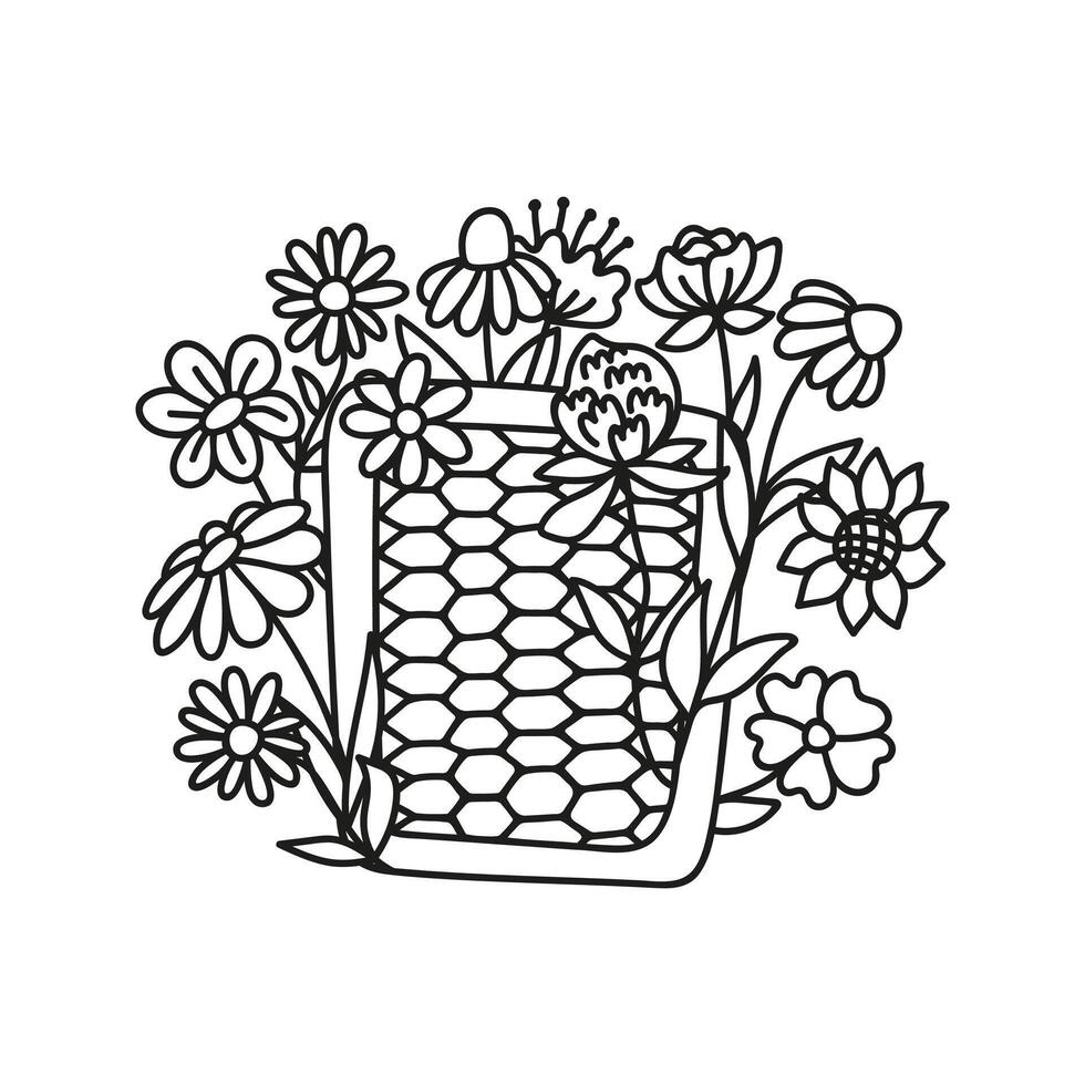 Honeycomb with flowers doodle arrangement. Hand drawn doodle illustration. vector