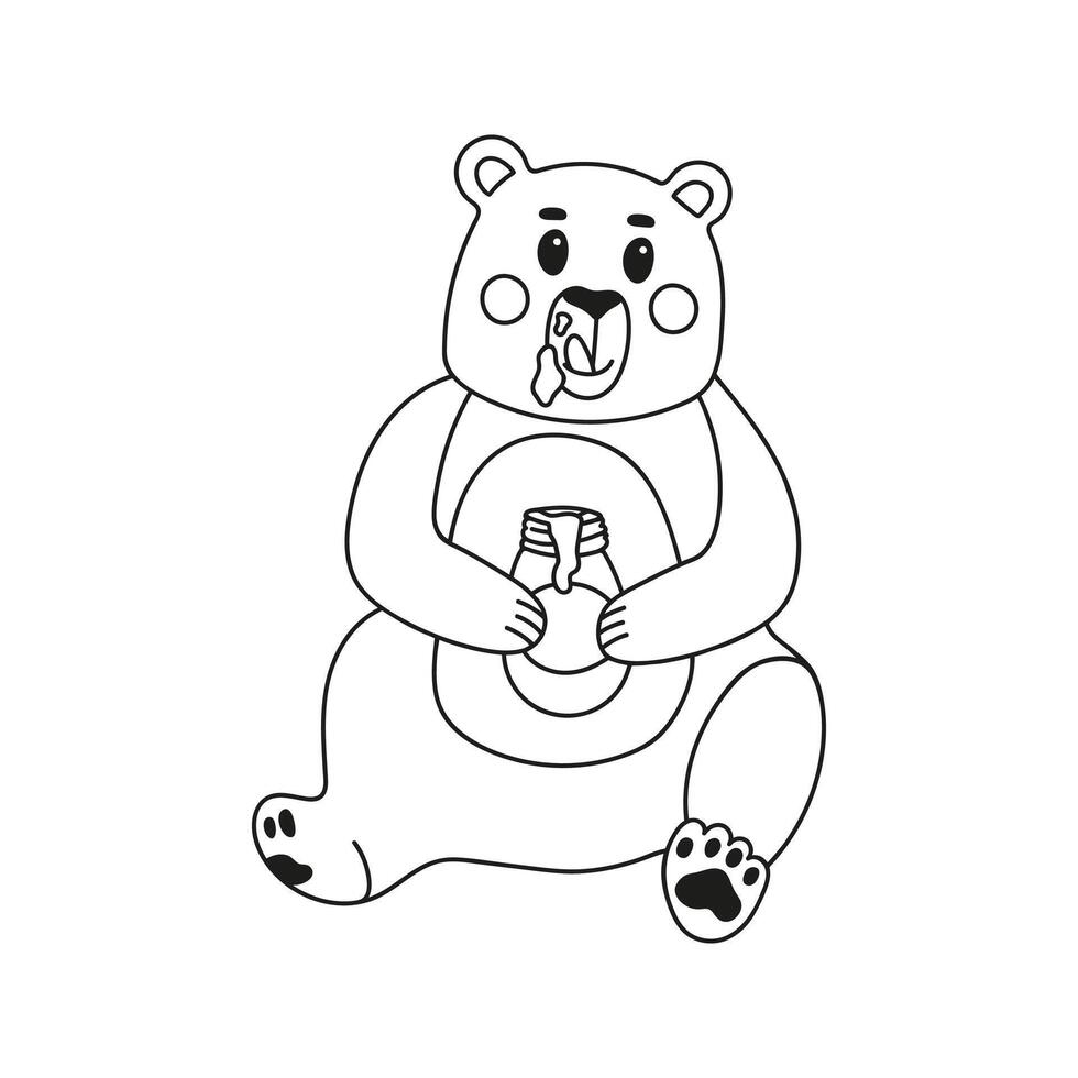 Hand drawn funny bear character with honey jar. Nature animal doodle illustration vector