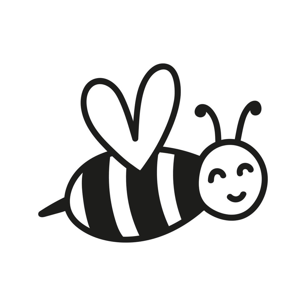 Hand drawn funny bee character with heart shape wings. Nature insects doodle illustration vector