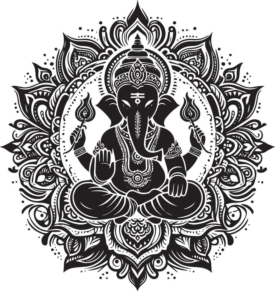Black and white illustration of hindu god ganesh vector