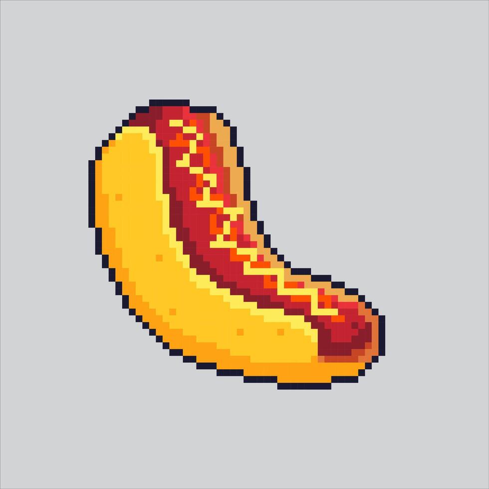 Pixelated Sausage Bread. Hotdog Sausage Bun Bread Icon pixelated for the pixel art game and icon for website and game. old school retro. vector