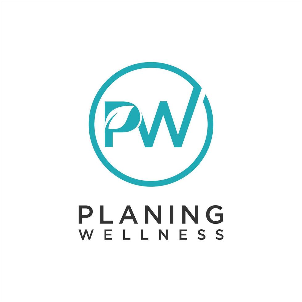 simple PW Letter Leafs abstract logo design of zen with circular brush stroke. vector
