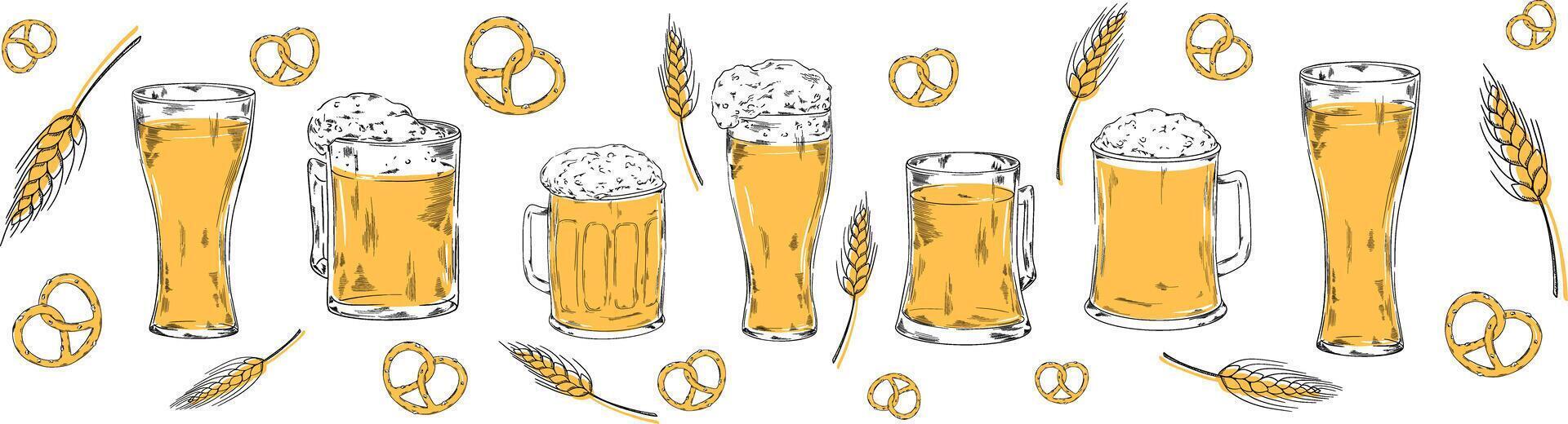 Glass pilsner beer set collection illustration for your company or brand banner set refreshing cool beverage with foam, Octoberfest, pub bar menu design with snacks bretzel, ears of wheat, corn vector