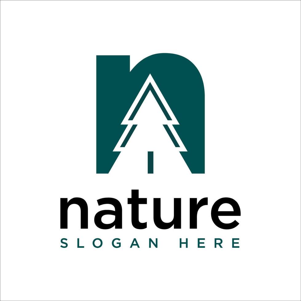 letter N nature pine tree leafs logo design illustration vector