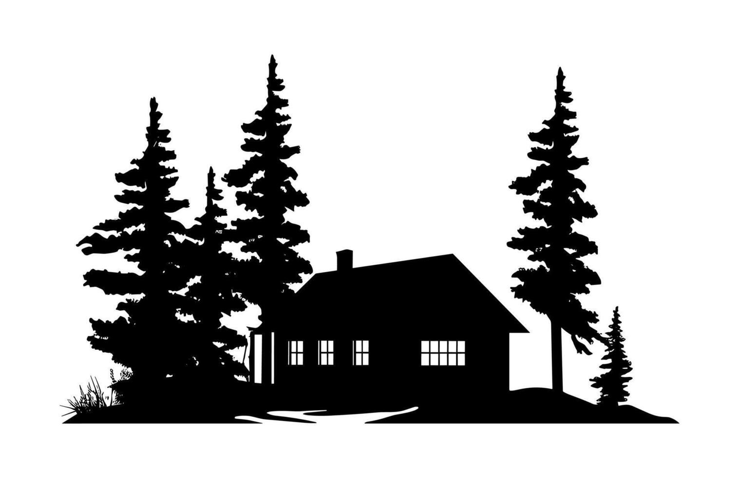 Forest Log Cabin Silhouette Black Clipart vector