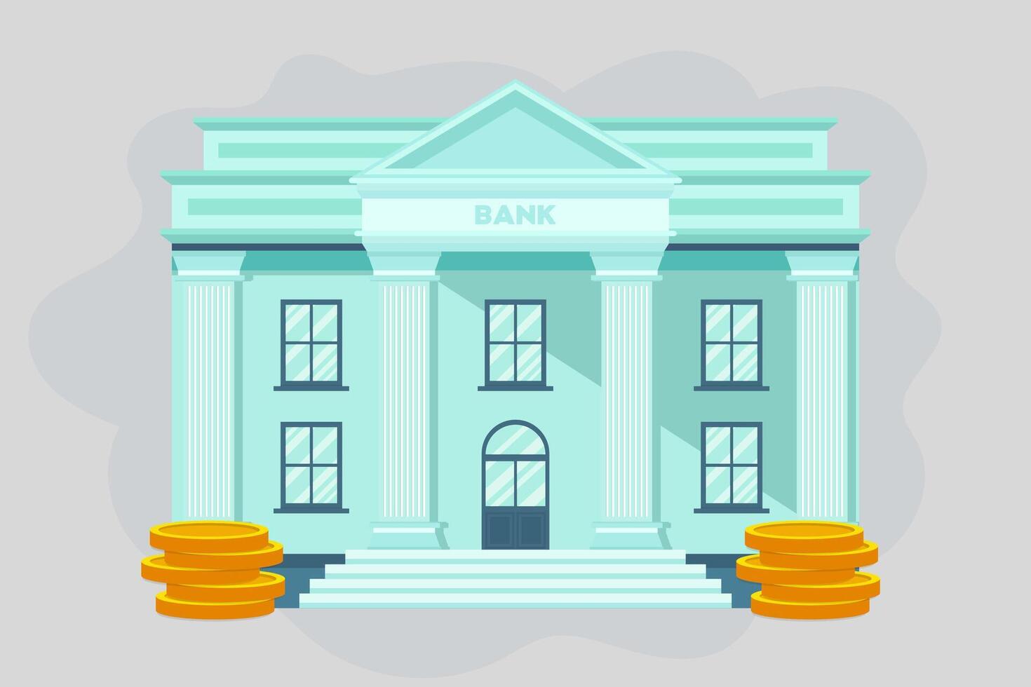 bank building illustration in flat design style with gold coins vector
