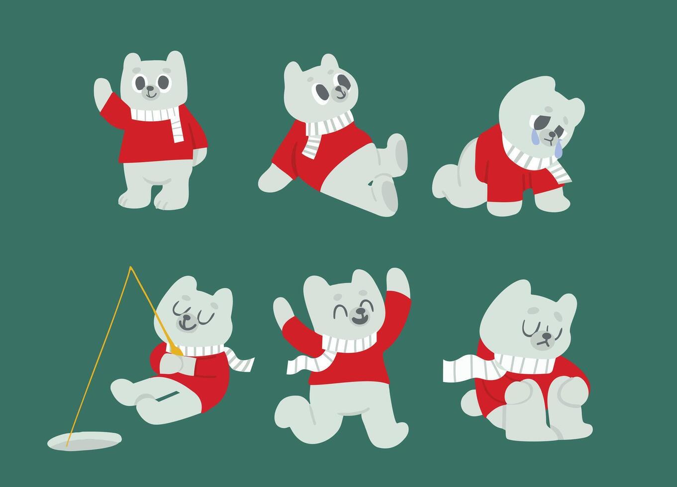Playful Winter Polar Bear Illustrations Set in Red Scarves with Various Expressions vector