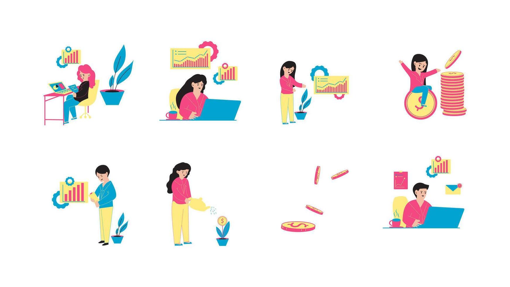 Set of Professional business element, people, employee working at office analyzing data Illustration vector