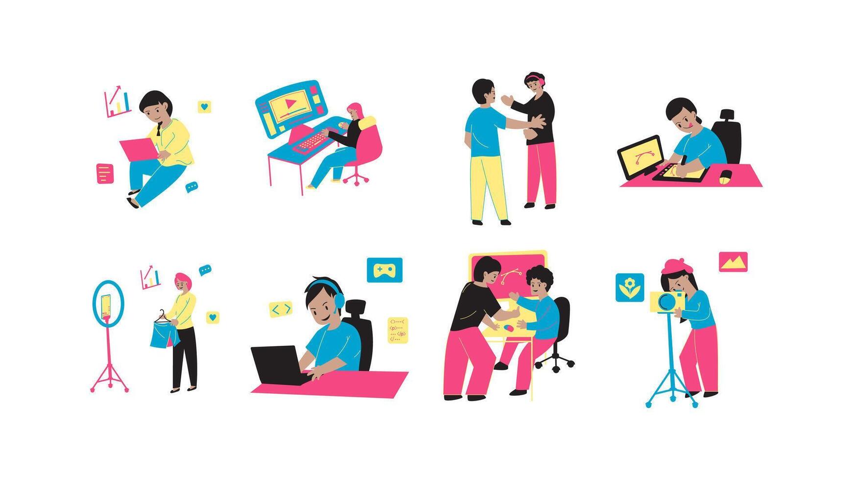 Professional business. Peoples interaction and collaboration in workspace and office. Digital creative employee, work from home Illustration vector
