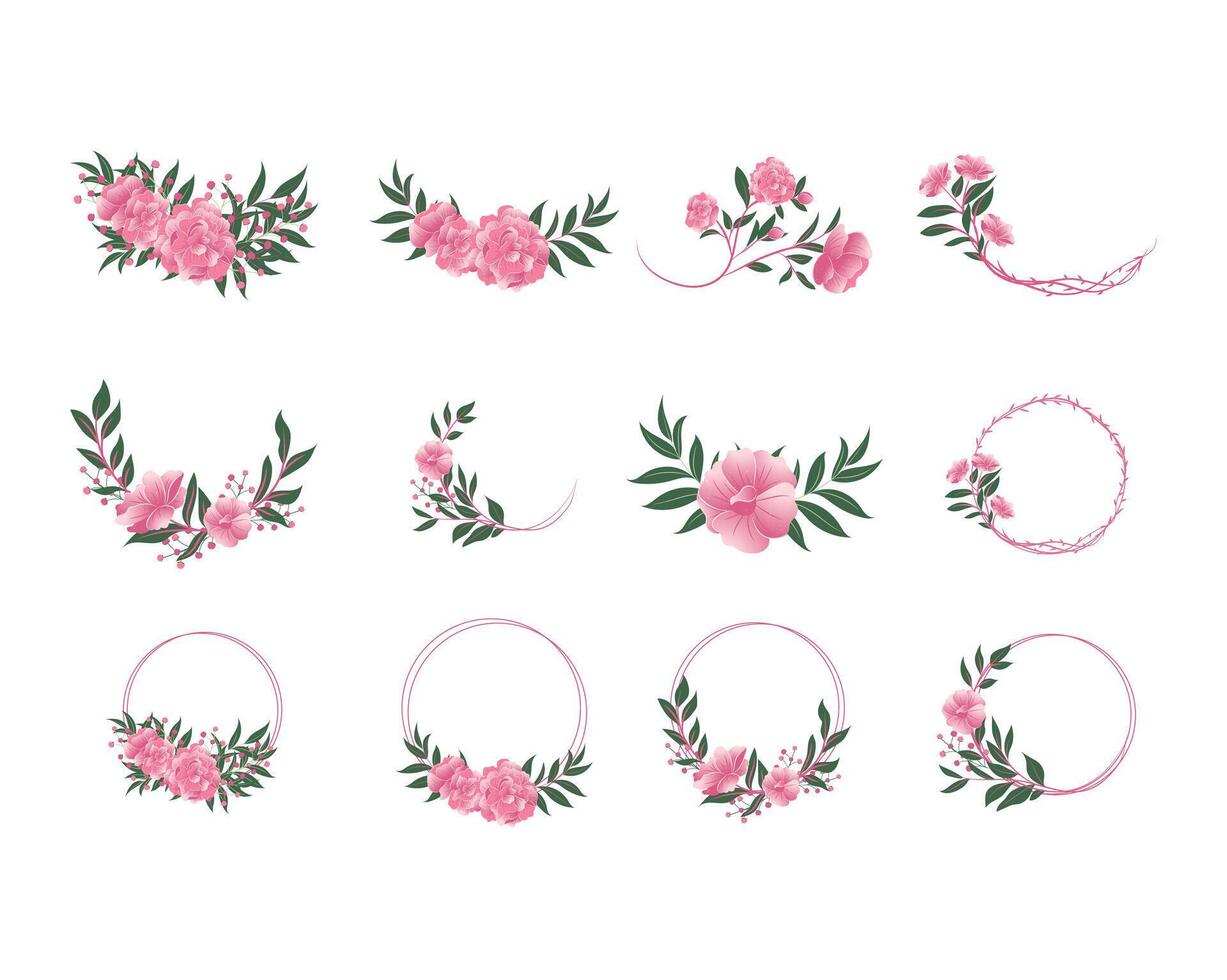 set of pink peonies flower wreath, frame, border, and corner composition element illustration for wedding invitation card vector