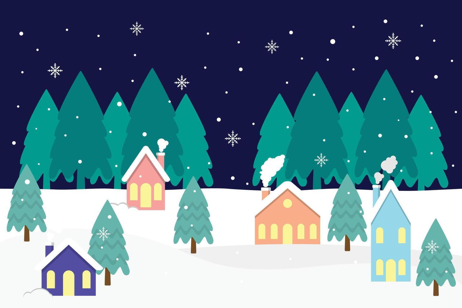 Snowy Houses At Village With Warm Light Surrounded By Pine Trees In Christmas Season vector