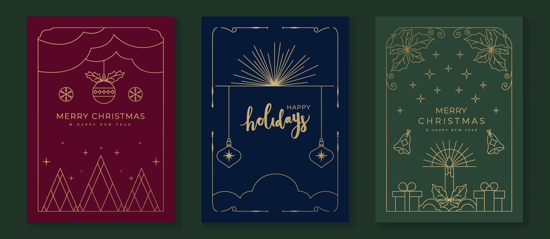 Luxury christmas invitation card art deco design . Christmas tree, bauble gold line art on green, red and navy blue background. Design illustration for holidays cover, season's greeting poster. vector