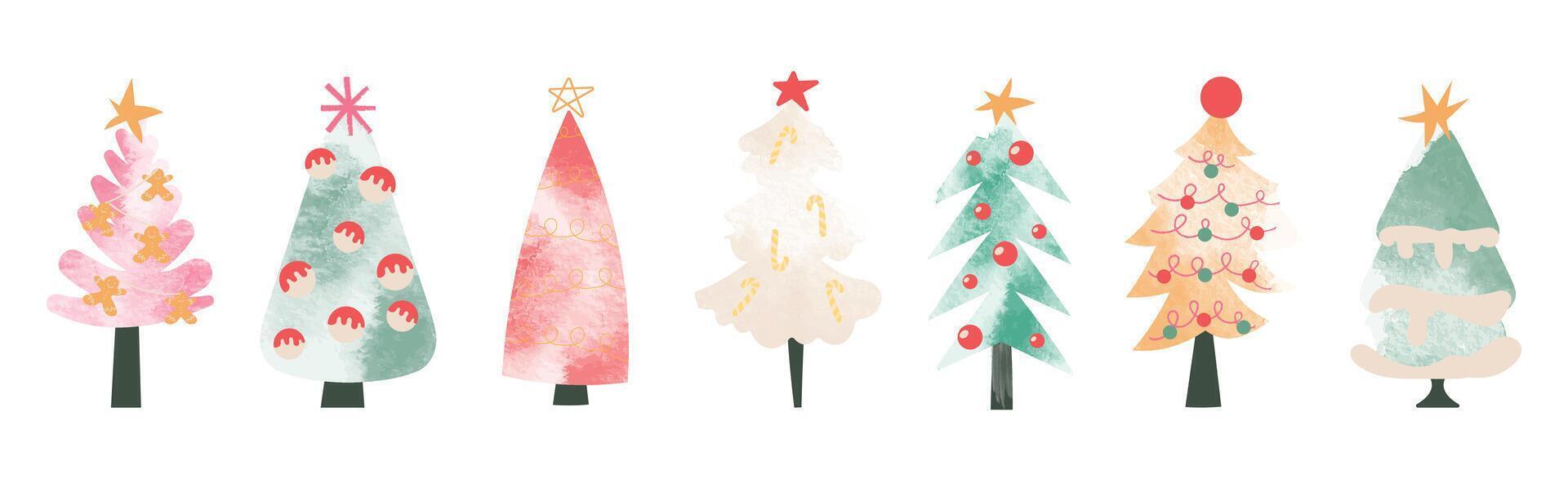 Set of watercolor christmas tree illustration. Collection of hand drawn cute decorative christmas trees isolated on white background. Design for sticker, decoration, card, poster, artwork. vector