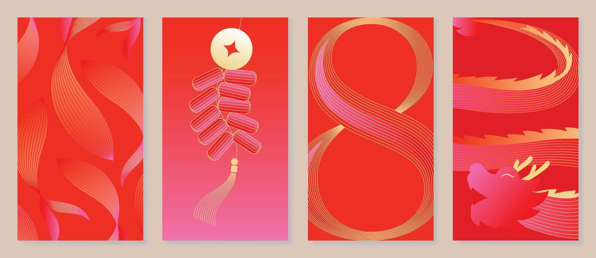 Chinese New Year 2025 greeting card background . Luxury poster design with dragon, koi fish, firecracker, line art. Elegant oriental illustration for cover, red envelope, calendar. vector