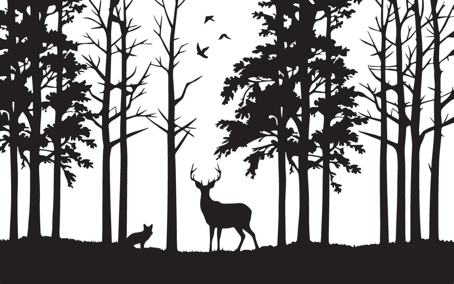 Serene Wilderness Deer and Fox in the Forest Silhouette vector