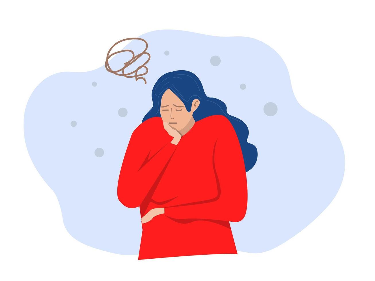 irritated frustrated sad woman feeling tired worried about problem character standing touching cheek. Illustration. vector