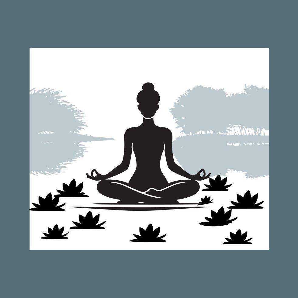 silhouette person meditating lotus style vector