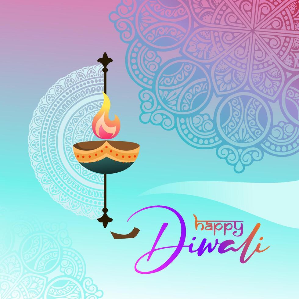 happy diwali card with diya lamp and mandala ornament vector