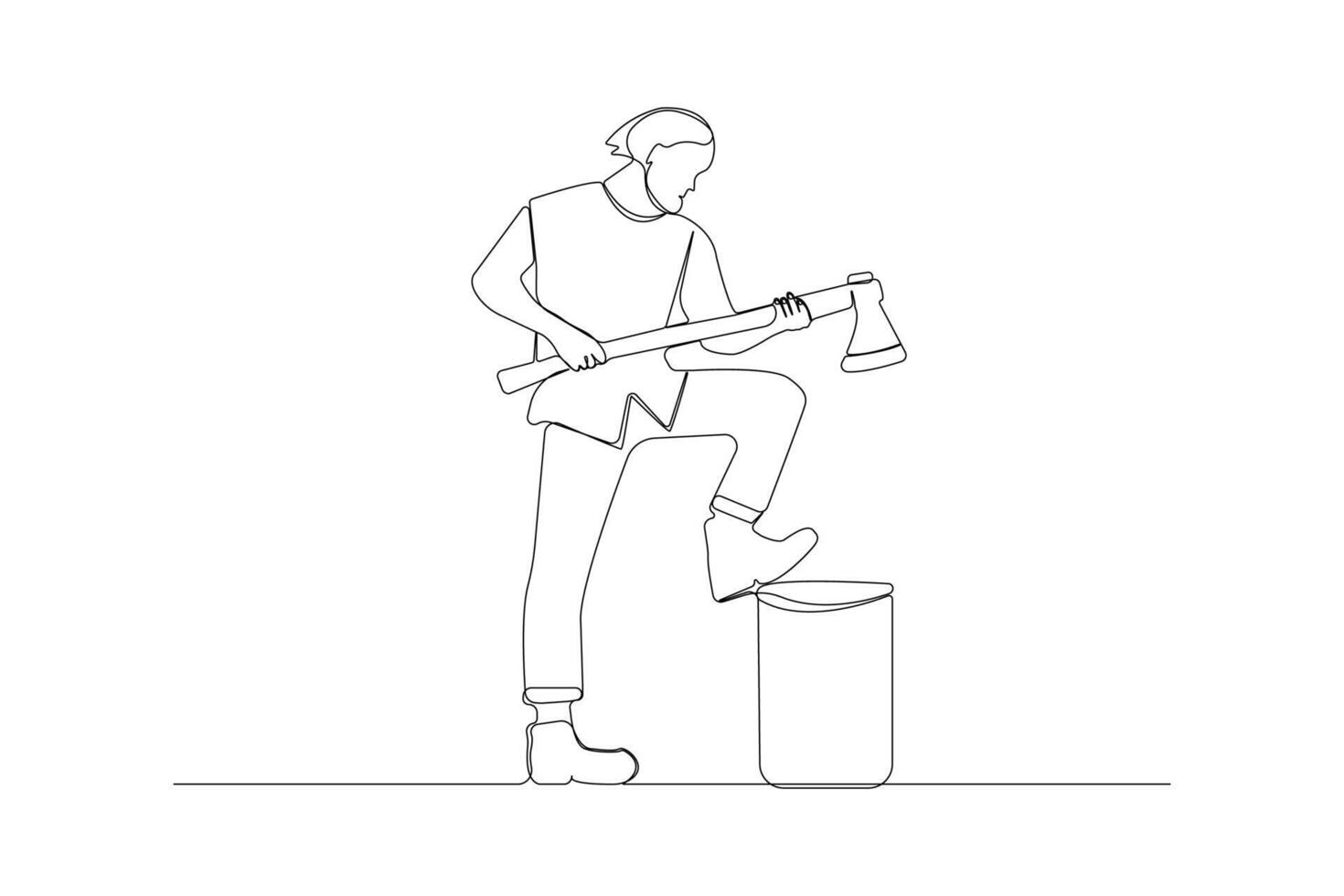 Continuous single-line art drawing of man cutting wood with an axe. Chopping woods outline vector