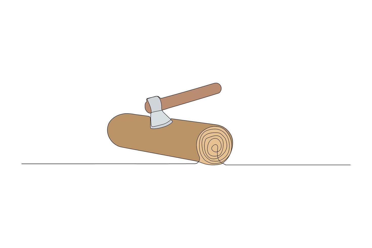 Chopping wood continuous line art drawing. Wood with axe outline vector