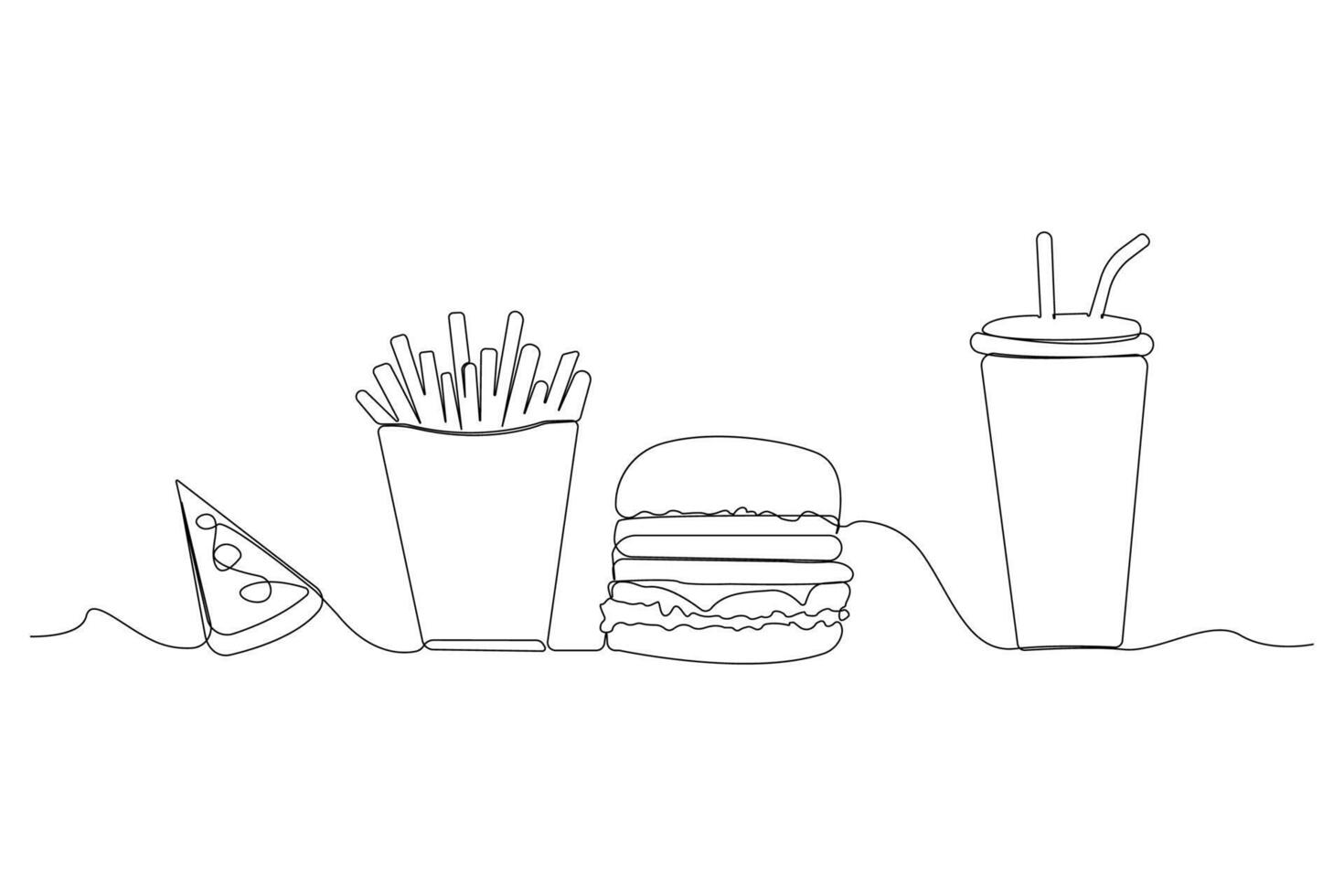 Hand-drawn Fast food one-line art drawing. Fast food concept continuous outline . vector