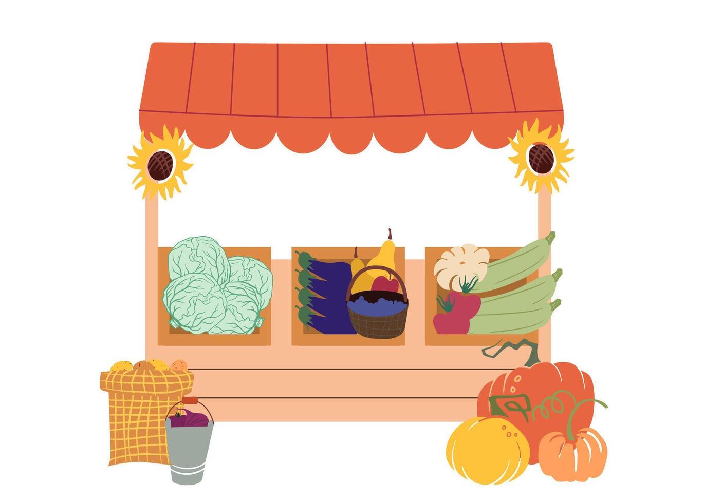 local market with various vegetables like cabbages, zucchini, pumpkins, eggplants , simple, vibrant style. for farm or harvest-themed designs and autumn country products promotions. vector