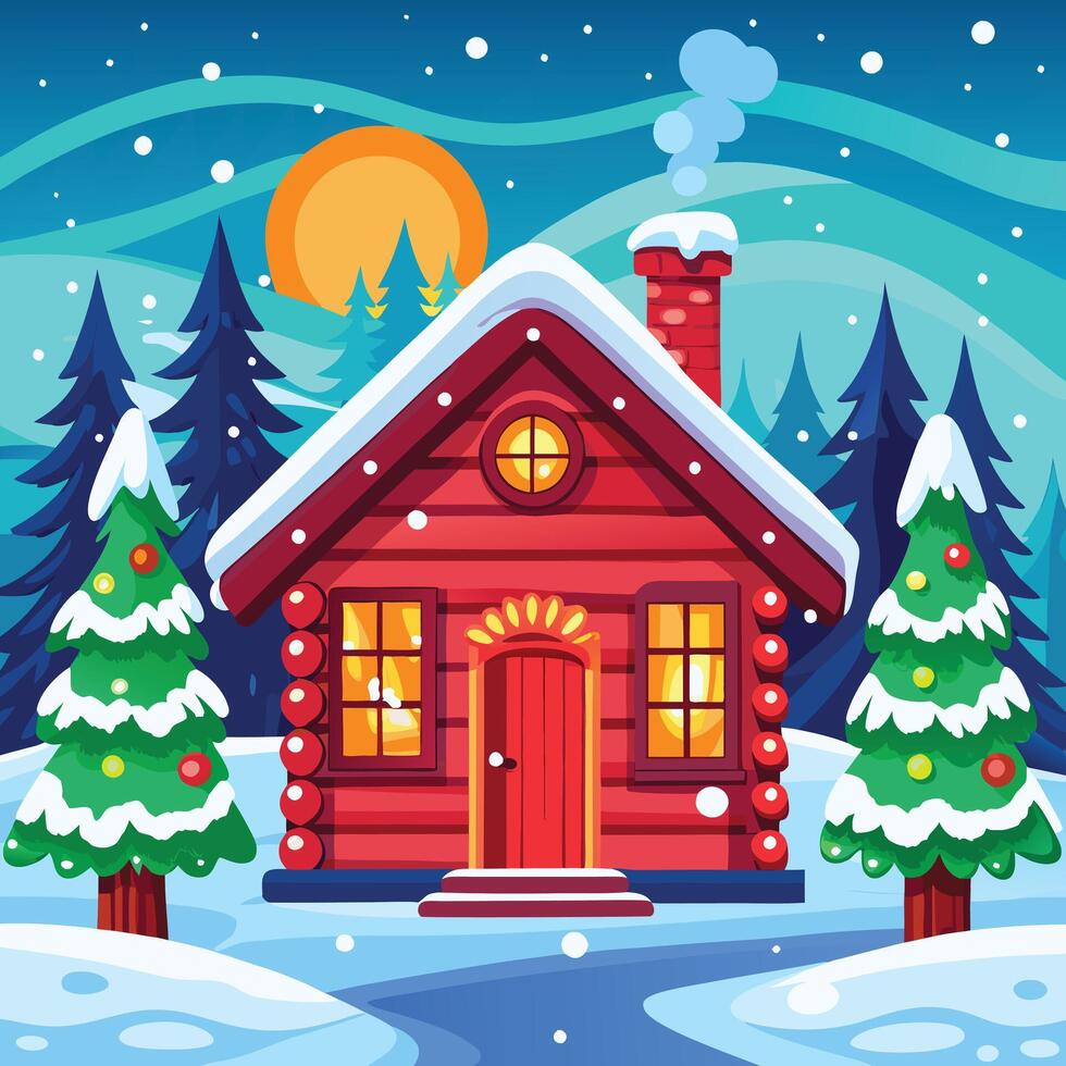 Cozy Winter Cabin in a Snowy Wonderland. vector