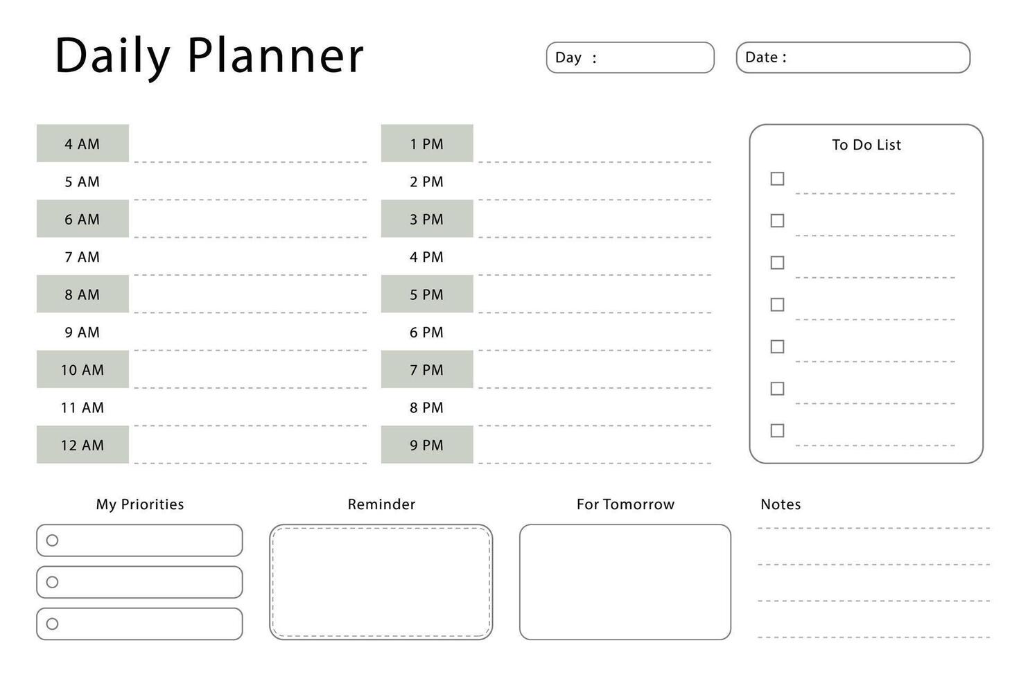 Elegant and minimalist daily planner template. Simple design. vector