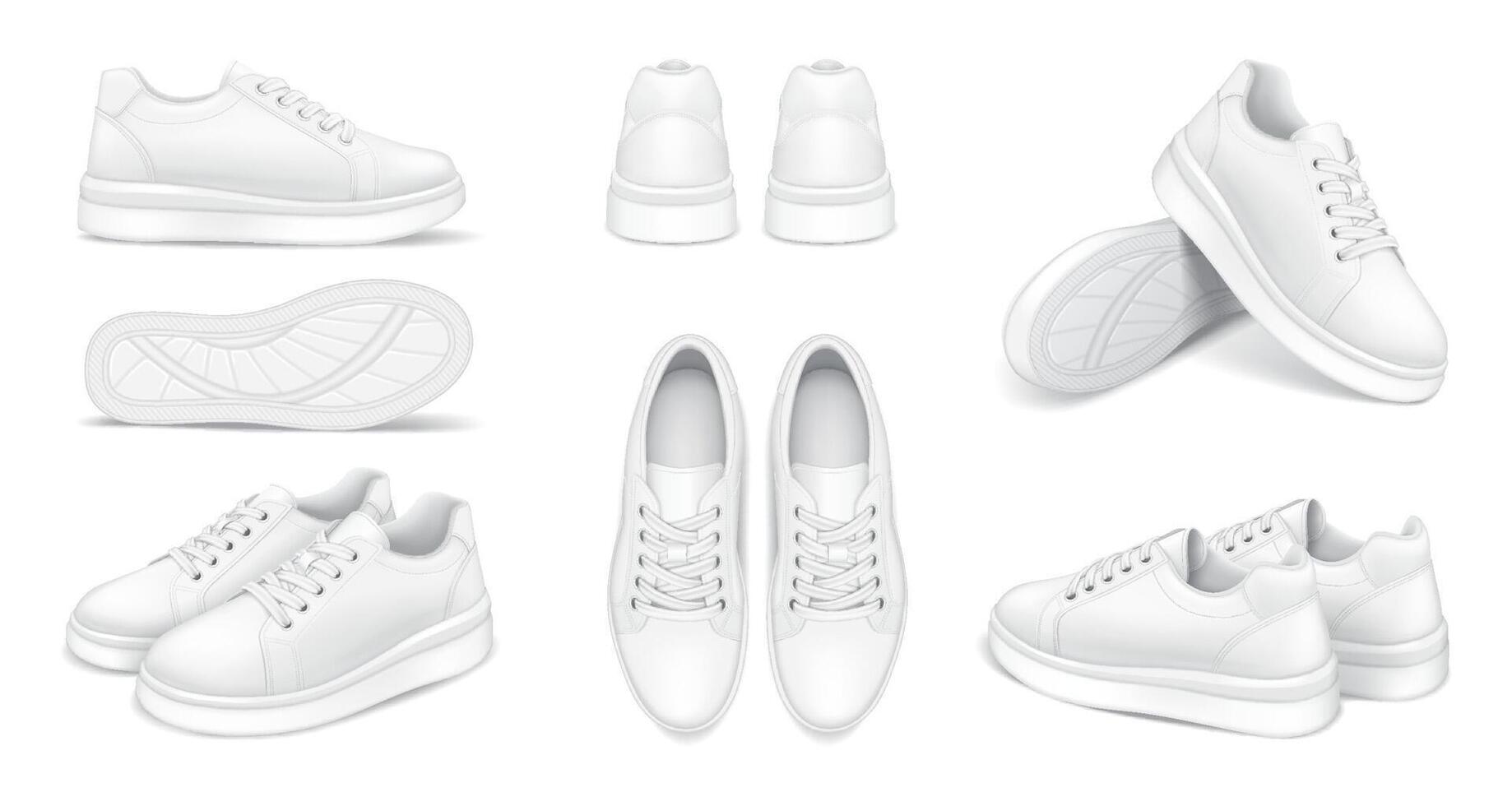Comfortable sneakers design template realistic illustration set. Running shoes various perspectives 3d models on white background vector