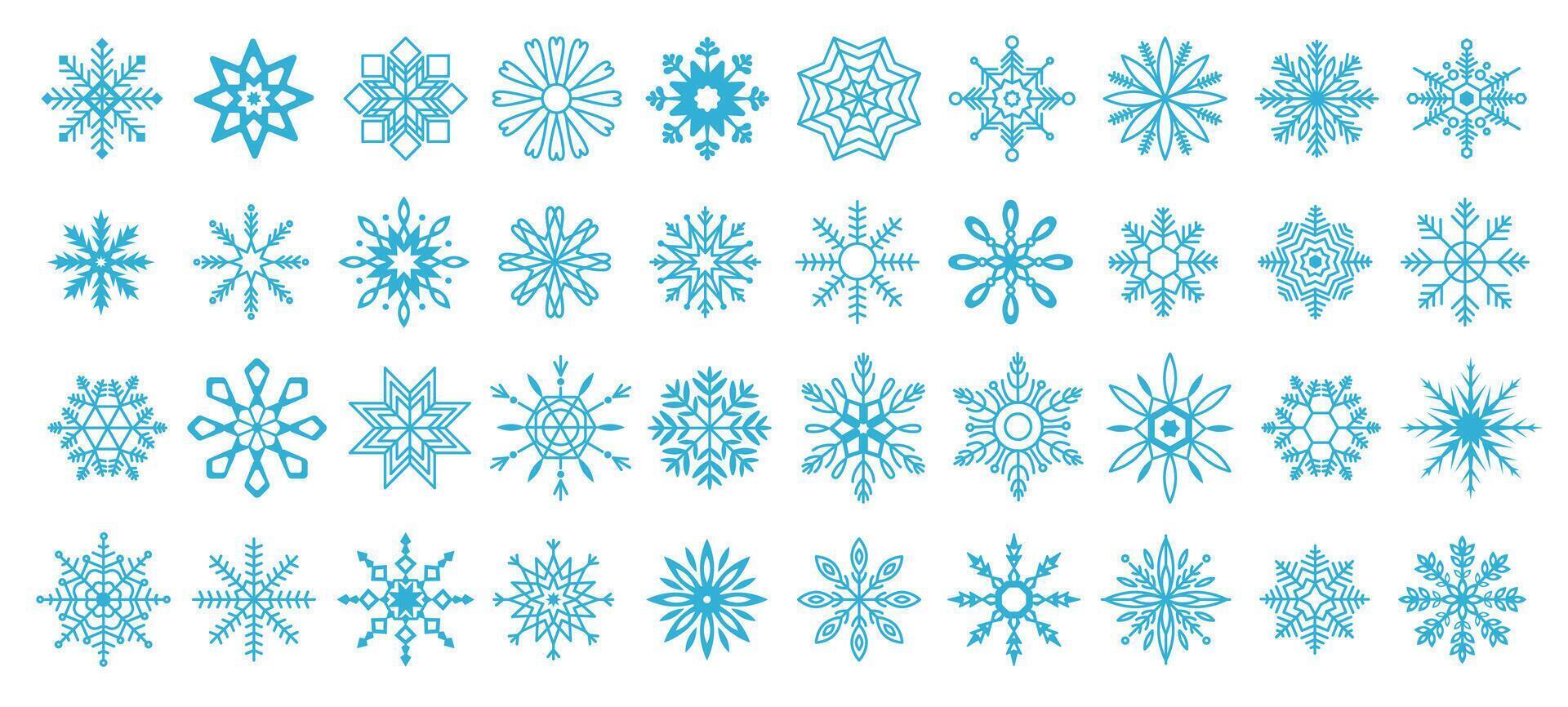 Snowflake intricate designs blue linear icons collection. Beauty and wonder of winter weather perfect for Christmas holiday objects set vector