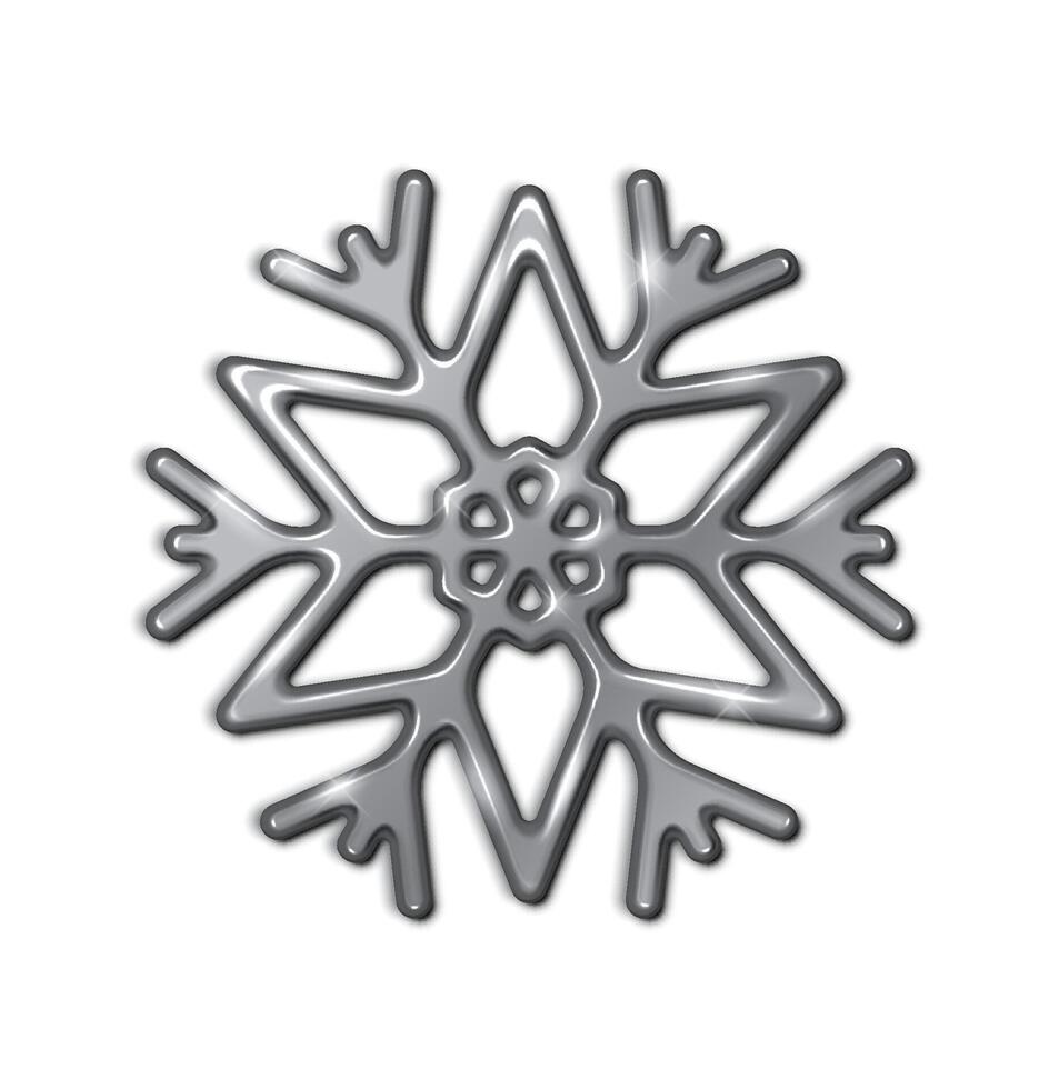 Silver metallic snowflake shape realistic illustration. Beauty and wonder of festive winter season 3d object on white background vector