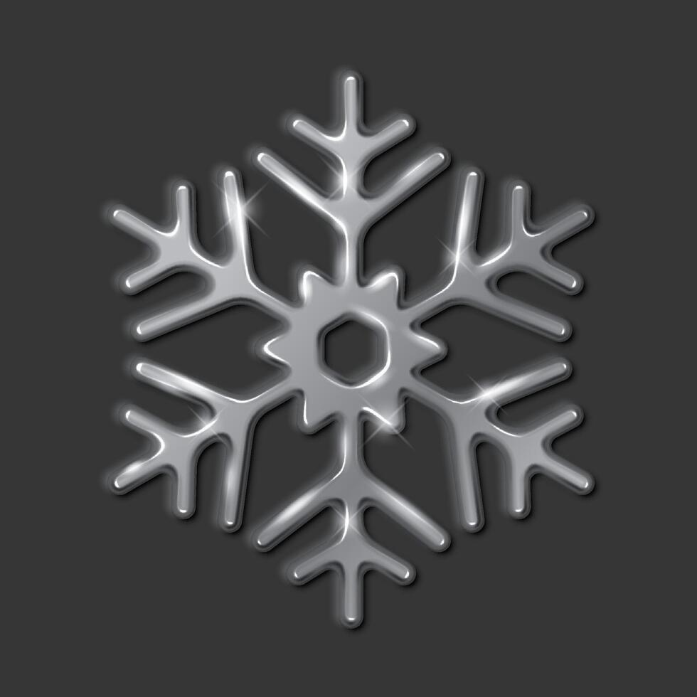 Silver snowflake with sparkling effect realistic illustration. Christmas holiday frozen decor 3d object on black background vector