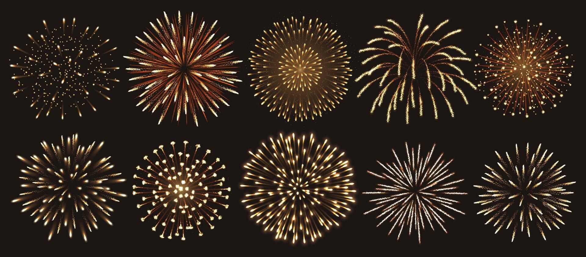 Golden fireworks exploding lights realistic color icons set. Festive celebratory atmosphere of evening 3d objects on black background vector