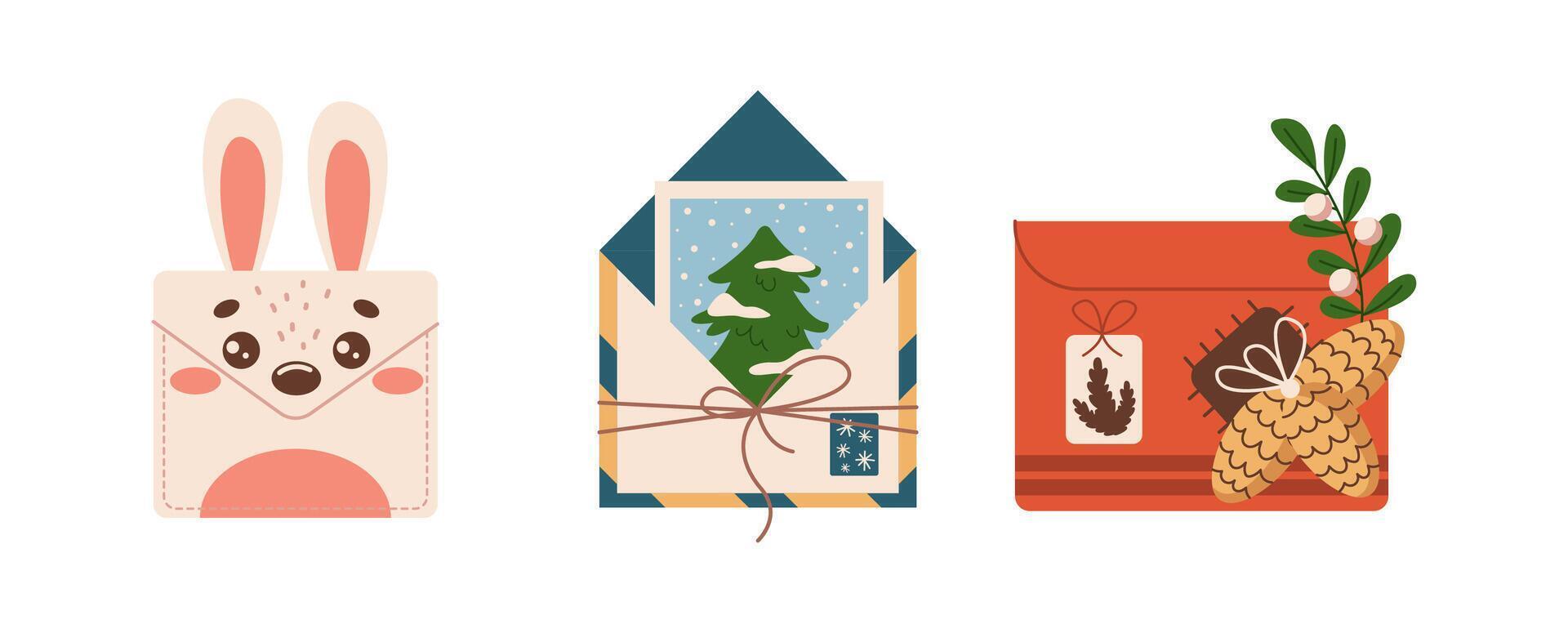 Cute envelopes for congratulations flat color objects set. Thematic design creates festive atmosphere illustrations bundle on white vector