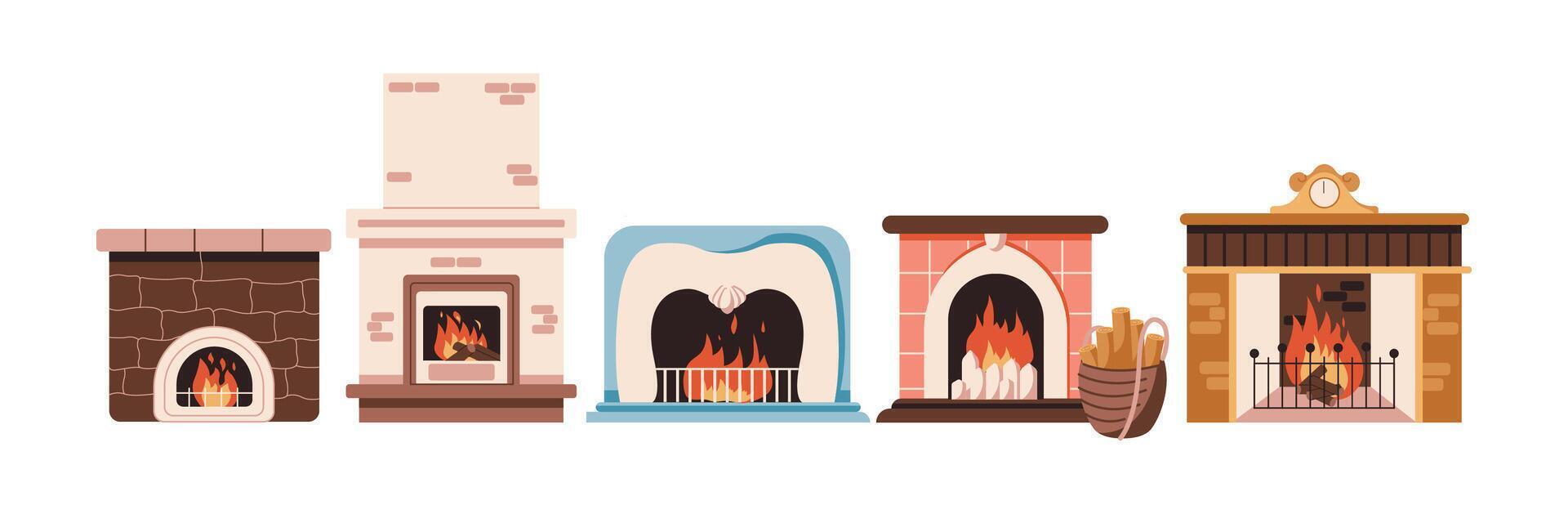 Fireplaces with burning flame and woods flat color objects set. Vintage stoves providing warmth at home illustrations bundle on white vector