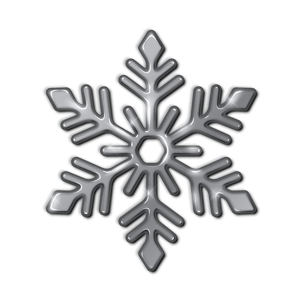 Shimmering metallic silver snowflake realistic illustration. Essence of Christmas and New Year 3d object on white background vector