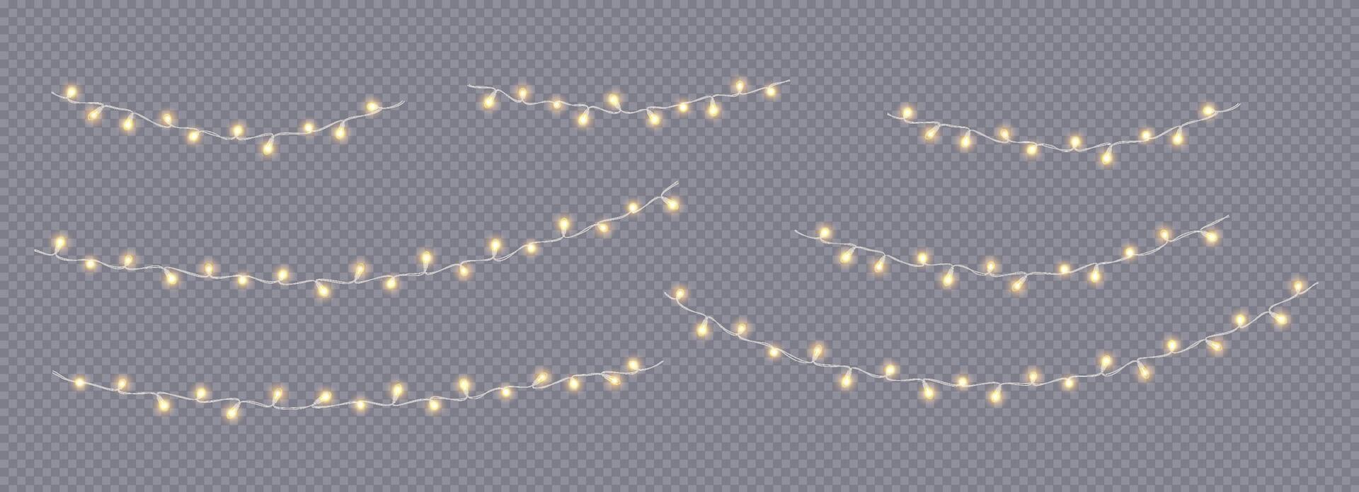 Shining fairy lights hanging lines realistic icons set. Christmas holiday atmosphere ornament 3d objects illustrations vector