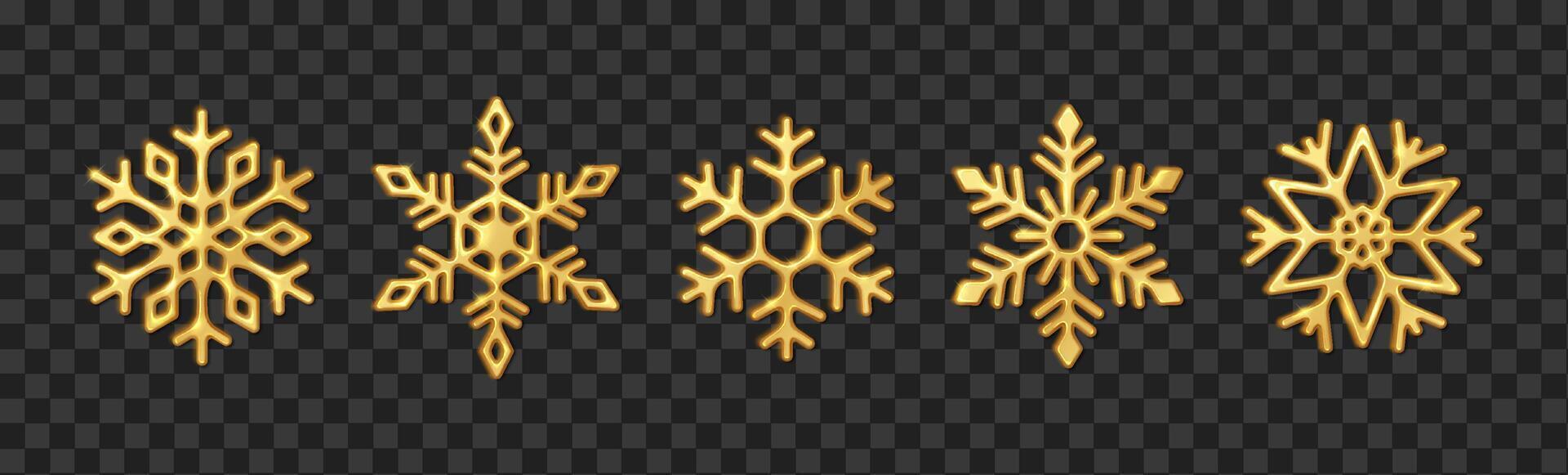 Magic golden snowflakes shining realistic color icons set. Festive atmosphere of Christmas holiday 3d objects bundle on black background vector