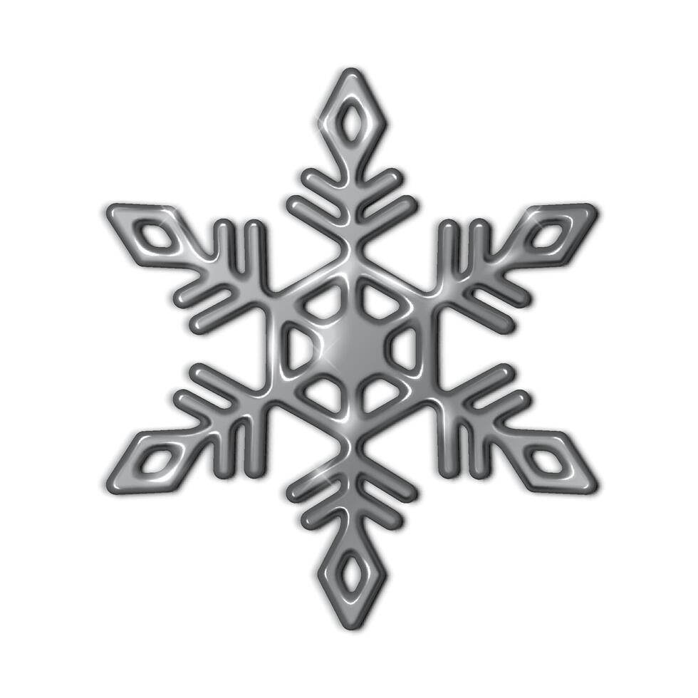 Glossy silver snowflake with reflective surface realistic illustration. Elegant winter festive season design 3d object on white background vector
