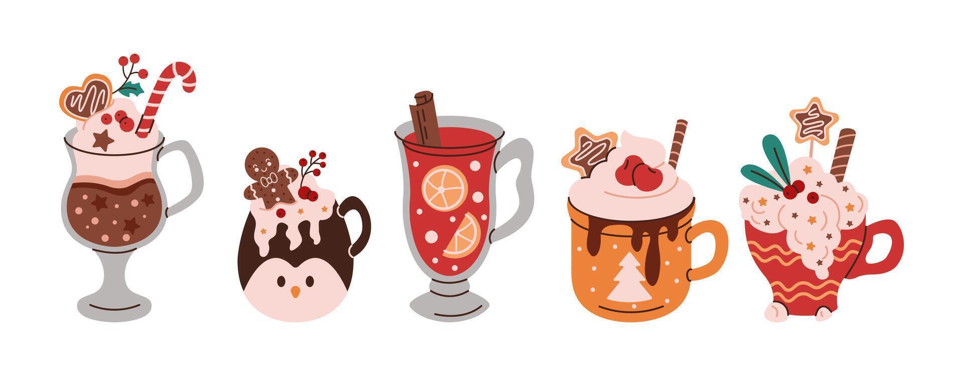 Festive holiday beverages flat color objects set. Warm Christmas drinks for cozy winter season illustrations bundle on white background vector