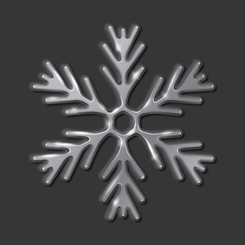 Gleaming silver snowflake of metal material realistic illustration. Happy winter holidays ornament 3d object on black background vector