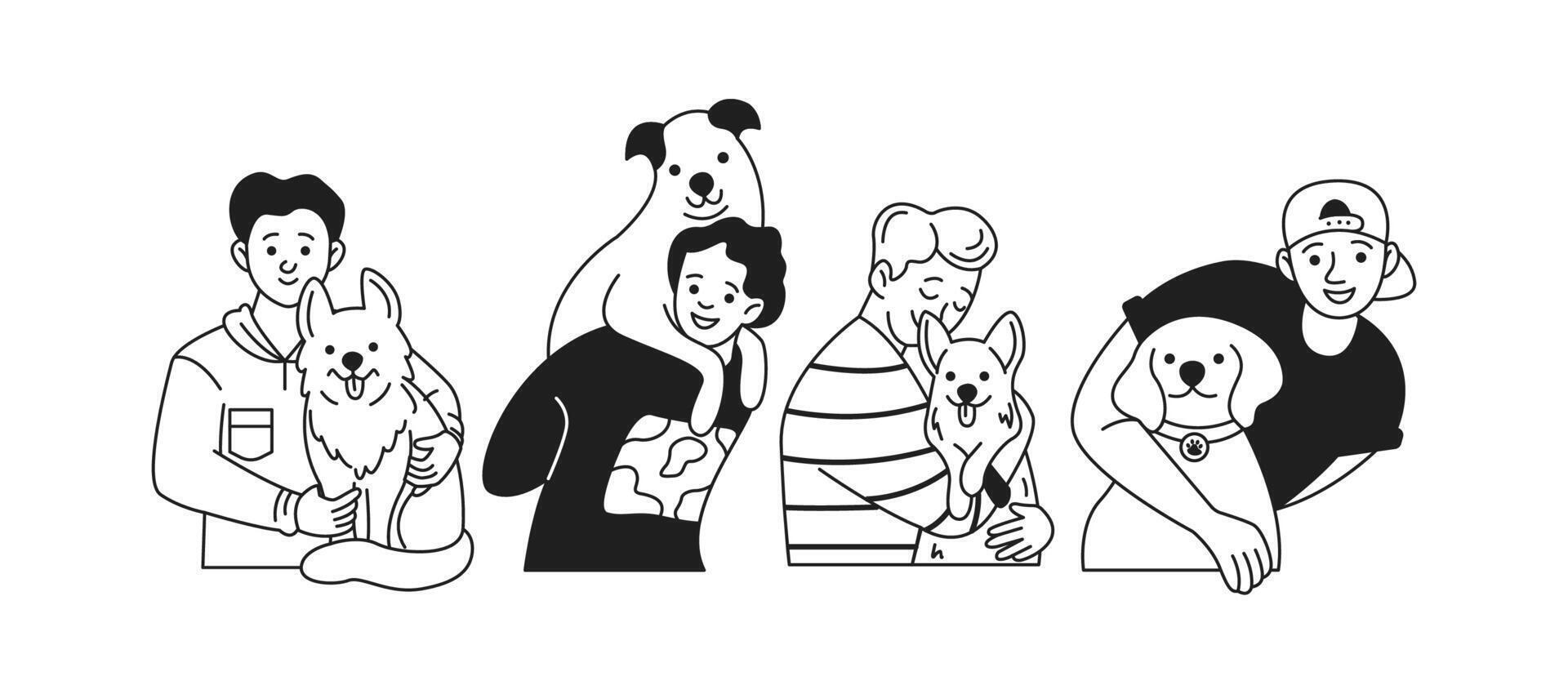 Cheerful young men with funny dogs flat linear icons collection. Concept of strong friendship of human and animals characters set on white vector