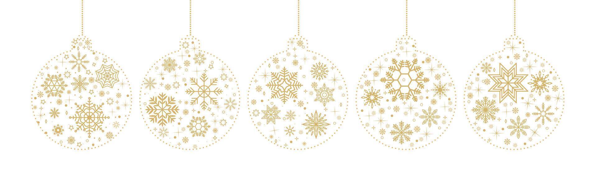 Christmas ornaments adorned with snowflakes flat color objects set. Elegant winter holiday atmosphere illustrations bundle on white vector