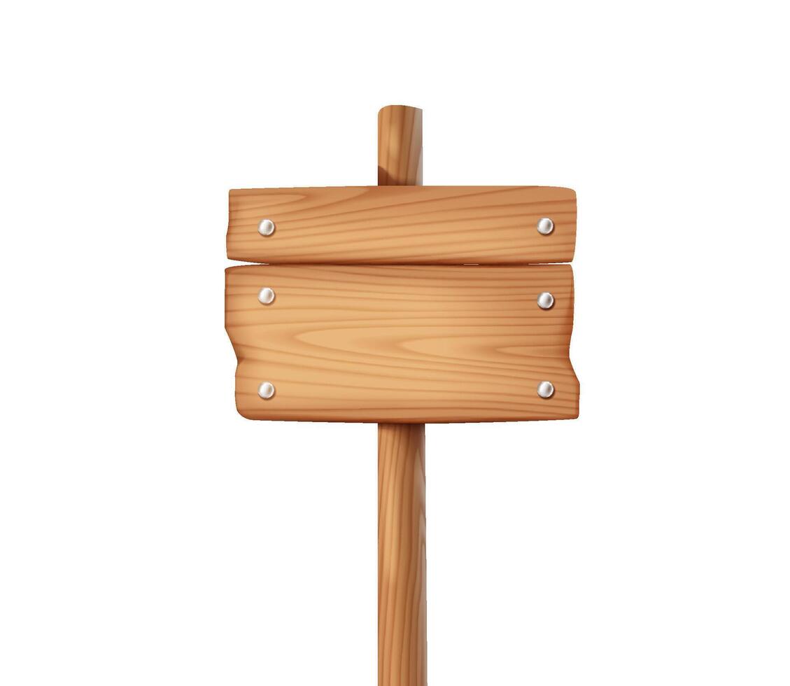 Wooden planks attached to post with nails realistic illustration. Old fashioned mockup road sign 3d object on white background vector