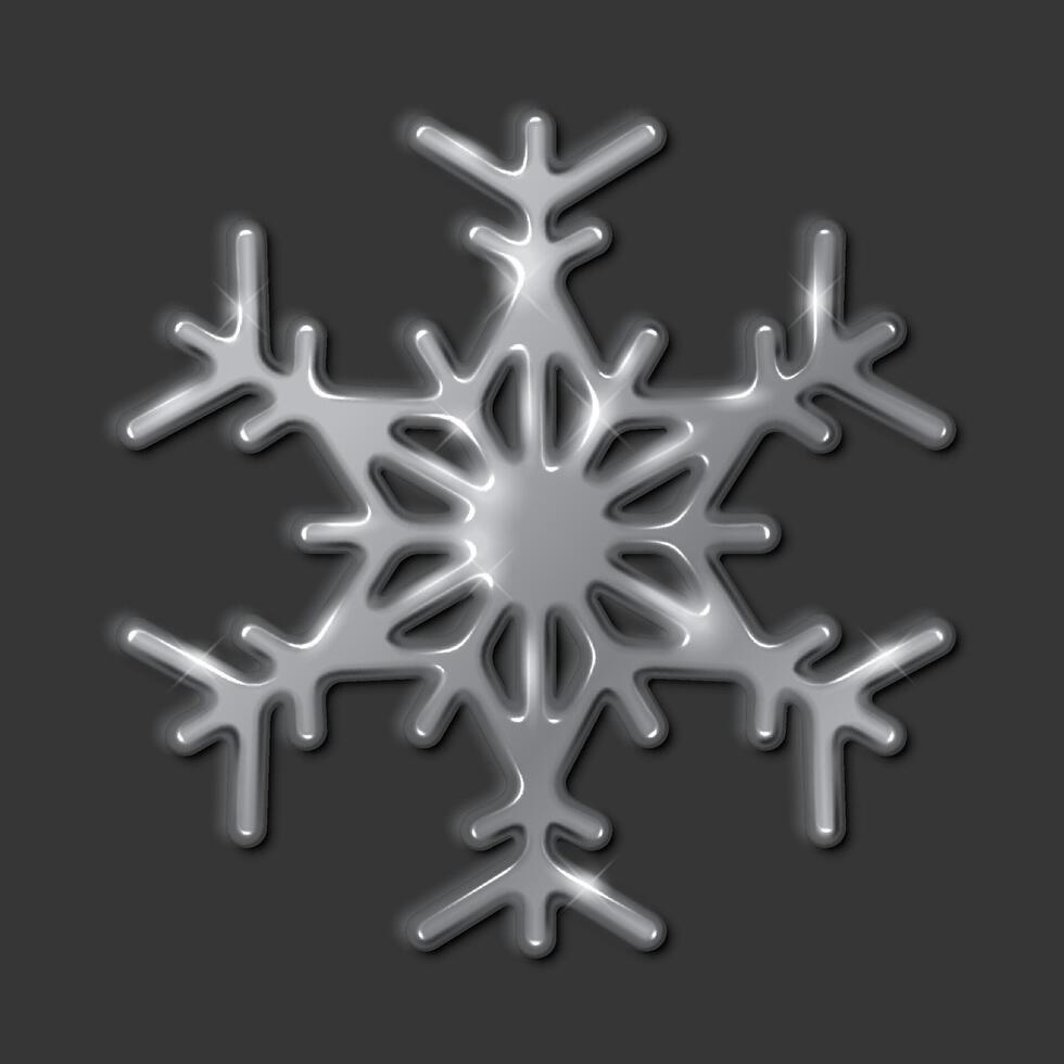 Glowing silver snowflake with star shaped center realistic illustration. Essence of winter season and holiday decor 3d object on black vector