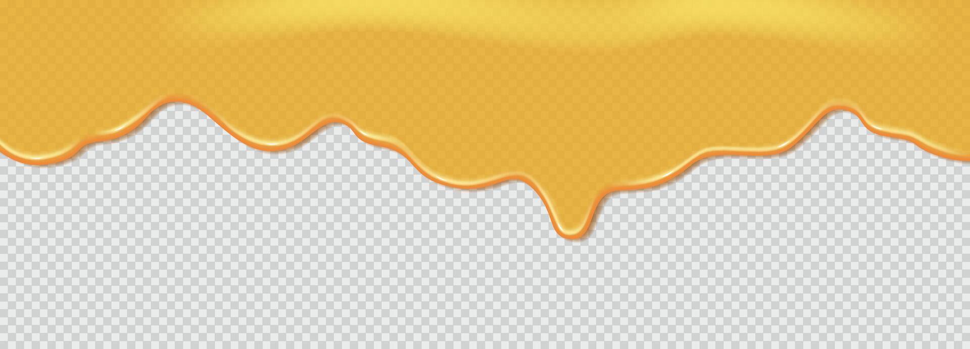 Flowing liquid yellow machine or sunflower oil, maple syrup or sauce. Liquid wave of thick paint. 3d realistic illustration. Top horizontal border of the frame vector