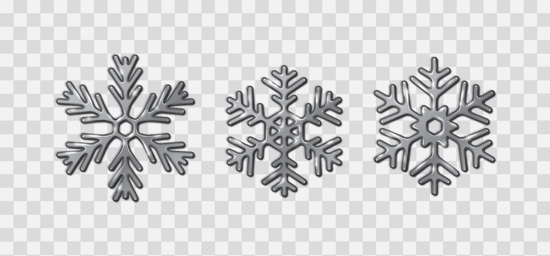 Silver snowflakes shining brightly realistic color icons set. Festive winter atmosphere ornaments 3d objects bundle vector
