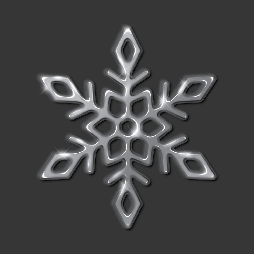 Shimmering silver snowflake with embossed effect realistic illustration. Winter season and holiday festivities 3d object on black vector