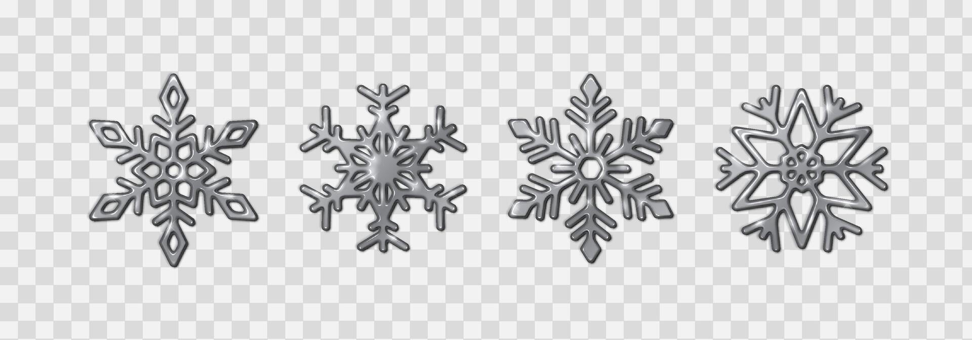 Glossy silver snowflakes detailed shapes realistic color icons set. Beautiful Christmas decoration 3d objects vector