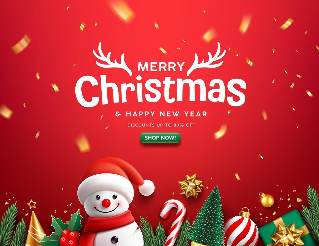 Merry christmas and Happy new year sale ornaments, greeting card banner design on red background vector